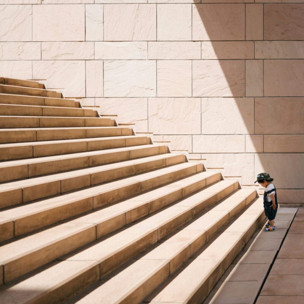 a toddler facing a staircase symbolizing the start of EMDR and what happens in your first session